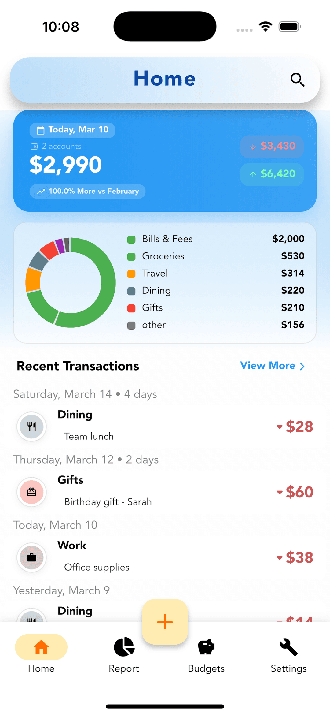 Cashvelope home screen showing balance, spending donut chart, and recent transactions