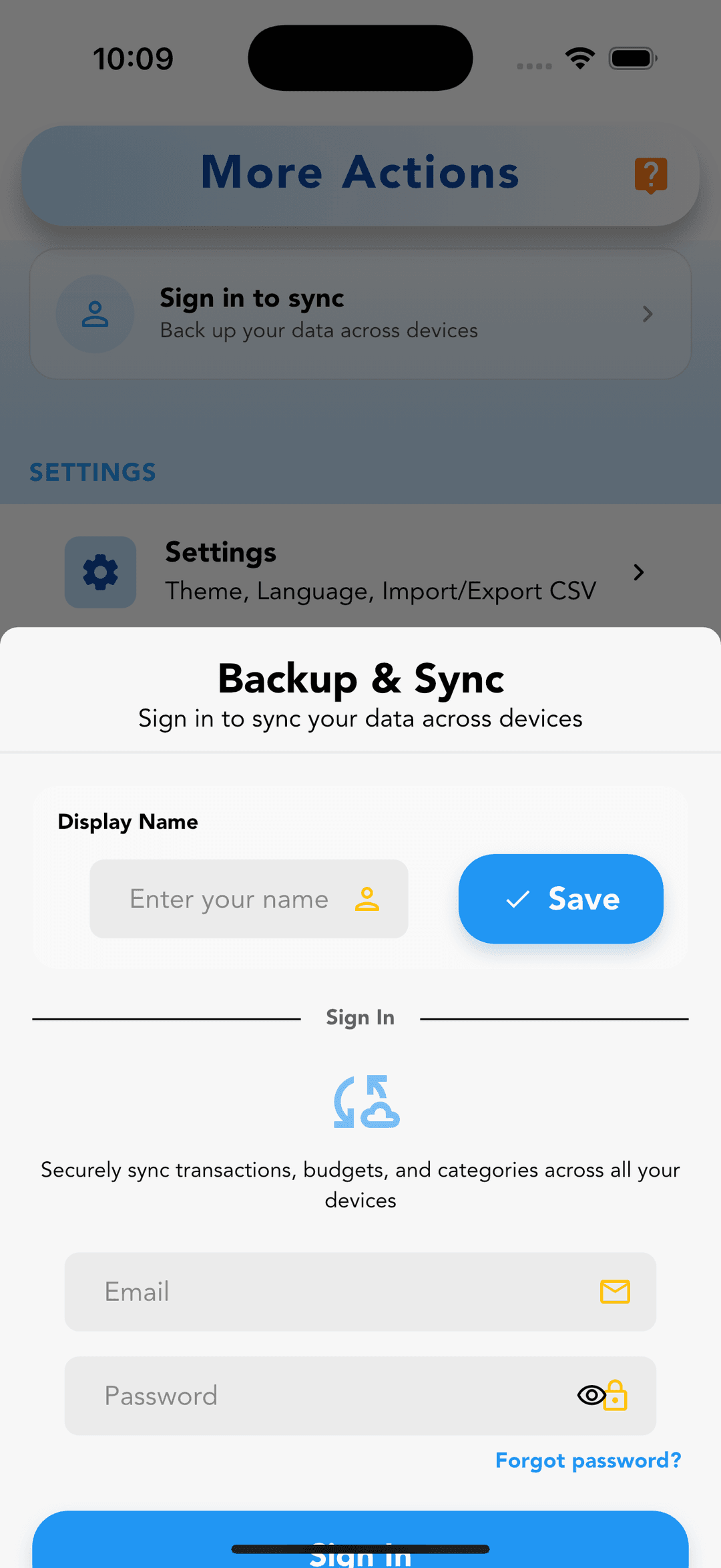 Cashvelope Backup & Sync modal with display name field, email and password fields, and Sign In button