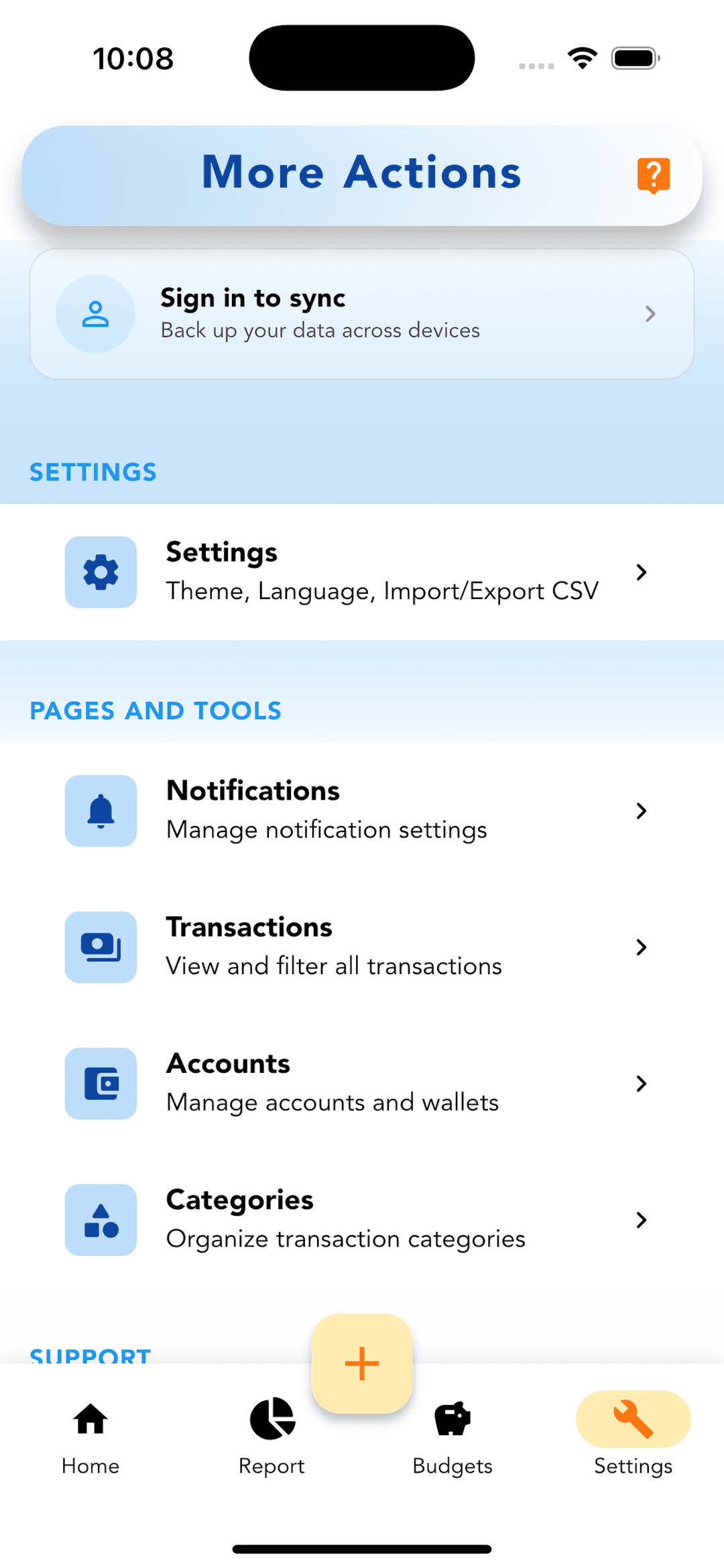 Cashvelope More Actions screen showing Sign in to sync, Settings, and tools including Transactions, Accounts, and Categories