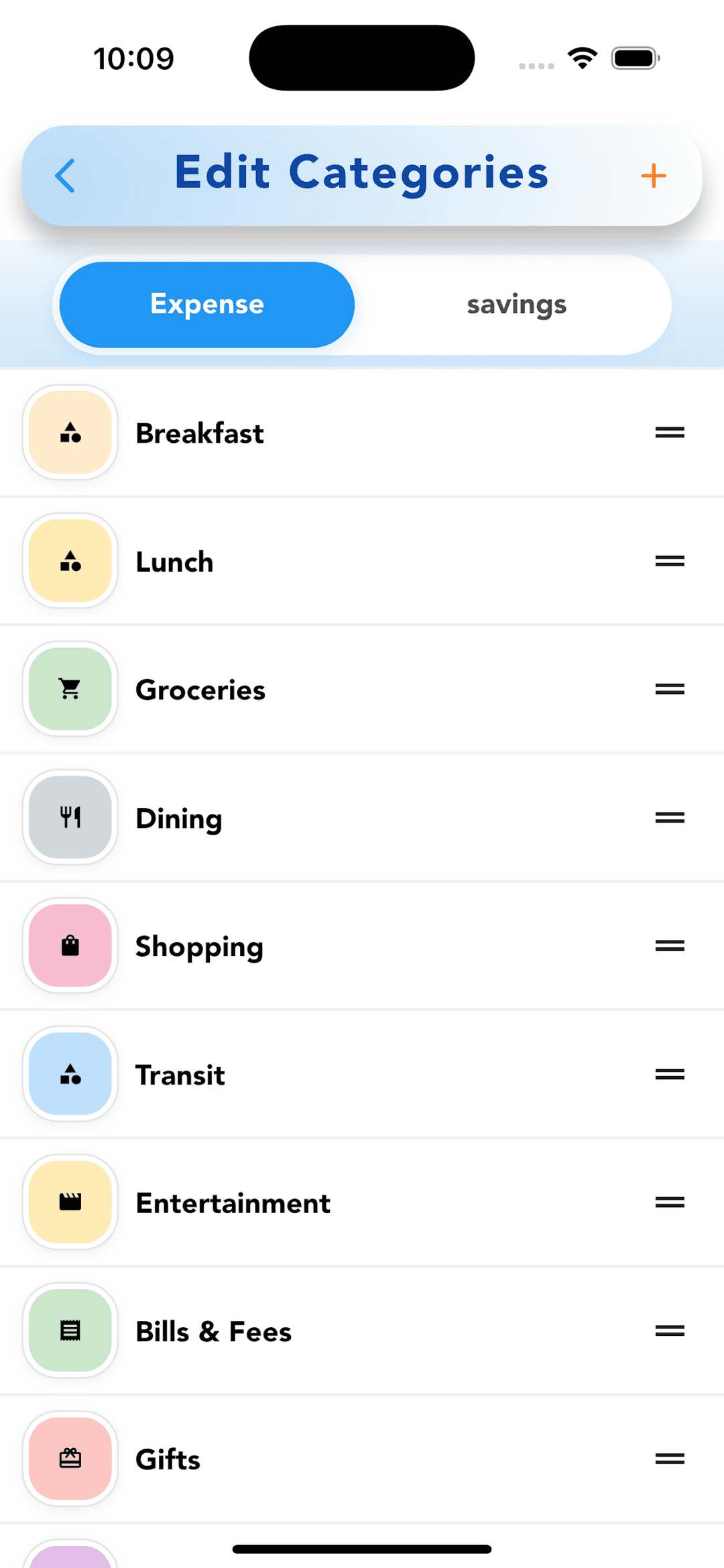 Cashvelope Edit Categories screen showing Expense categories: Breakfast, Lunch, Groceries, Dining, Shopping, Transit, Entertainment, Bills & Fees, Gifts