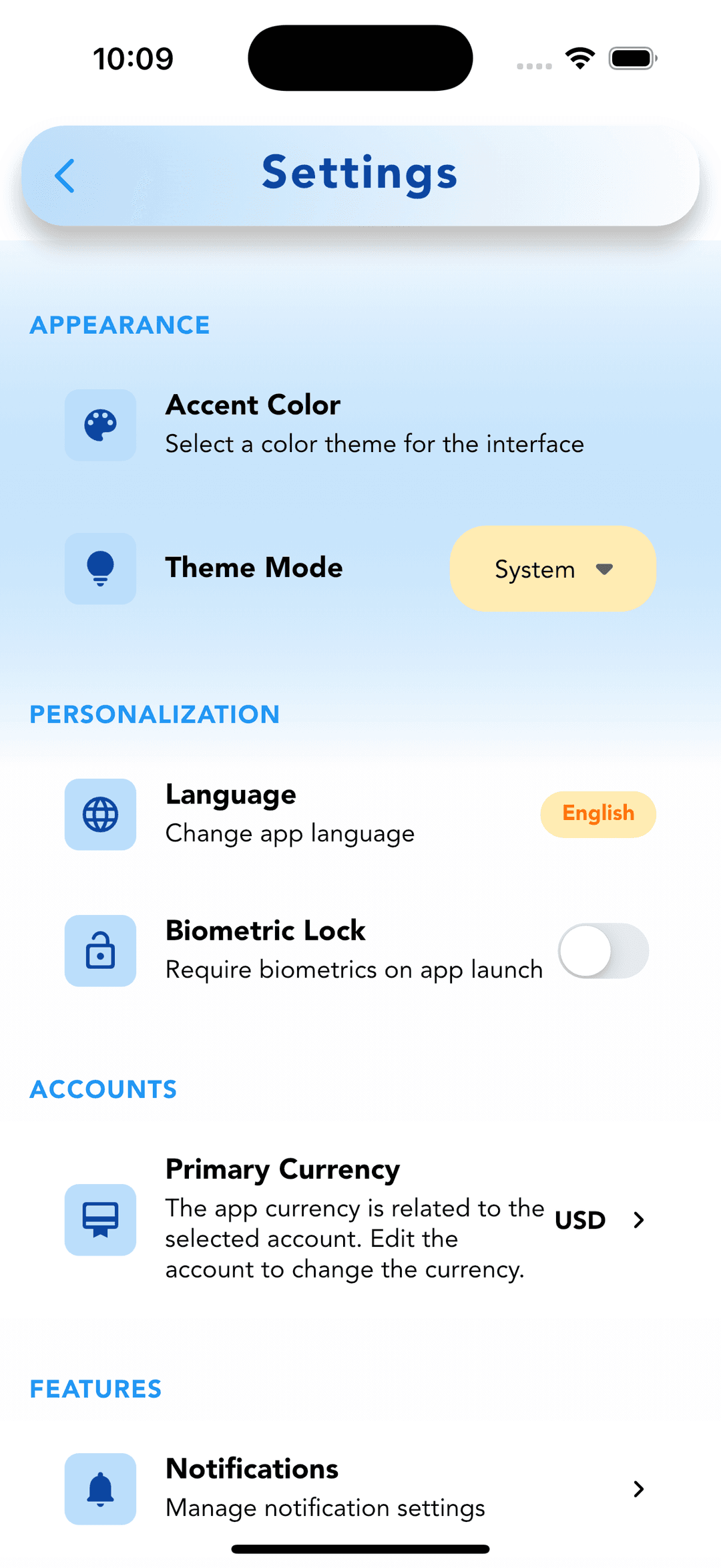Cashvelope Settings screen showing Accent Color, Theme Mode (System), Language (English), Biometric Lock, Primary Currency (USD), and Notifications