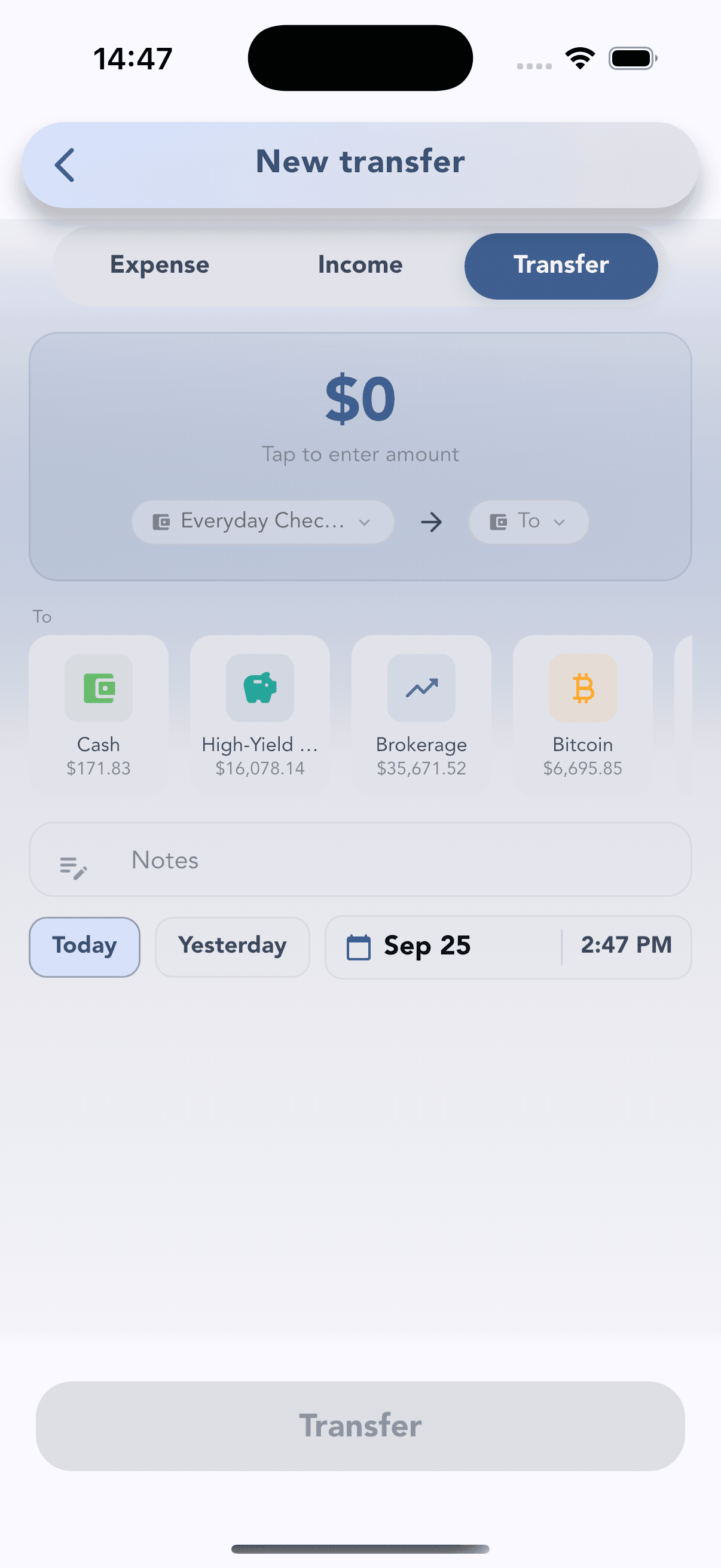 Cashvelopeで口座間の振替を入力する画面