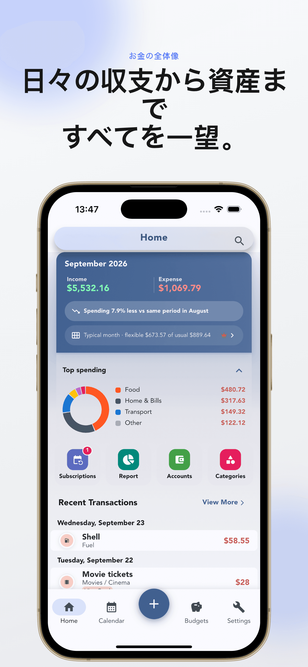 日々の収支から資産まですべてを一望。Cashvelopeのホーム画面