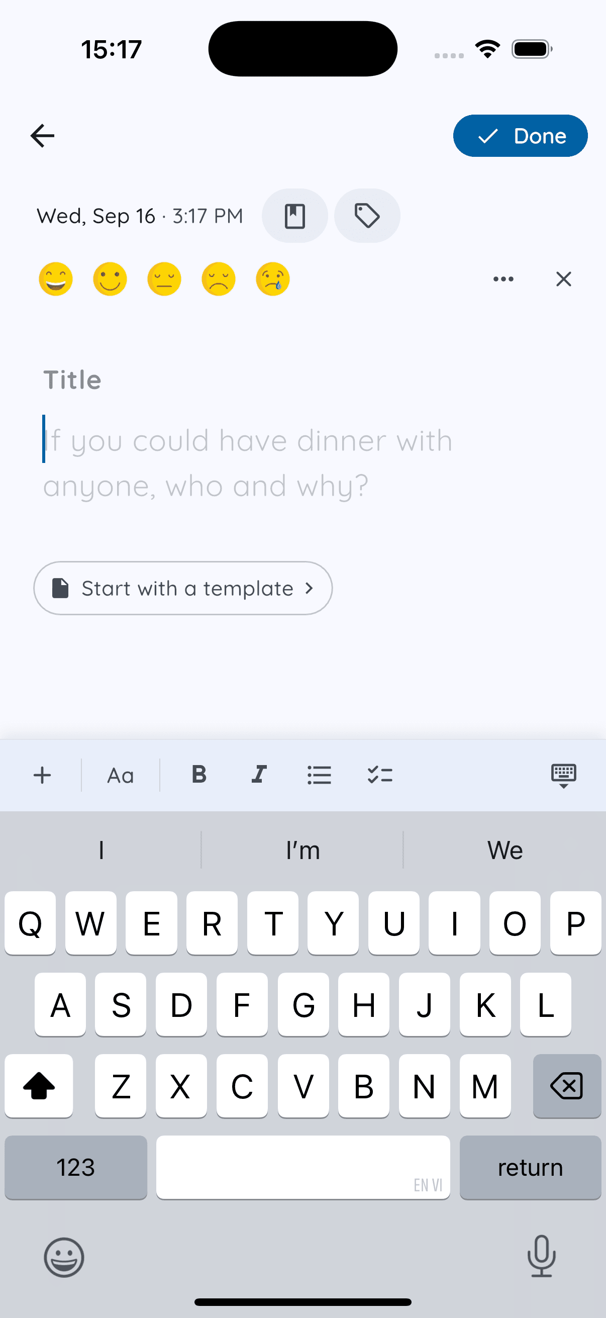 Daykept new entry with mood picker and daily prompt
