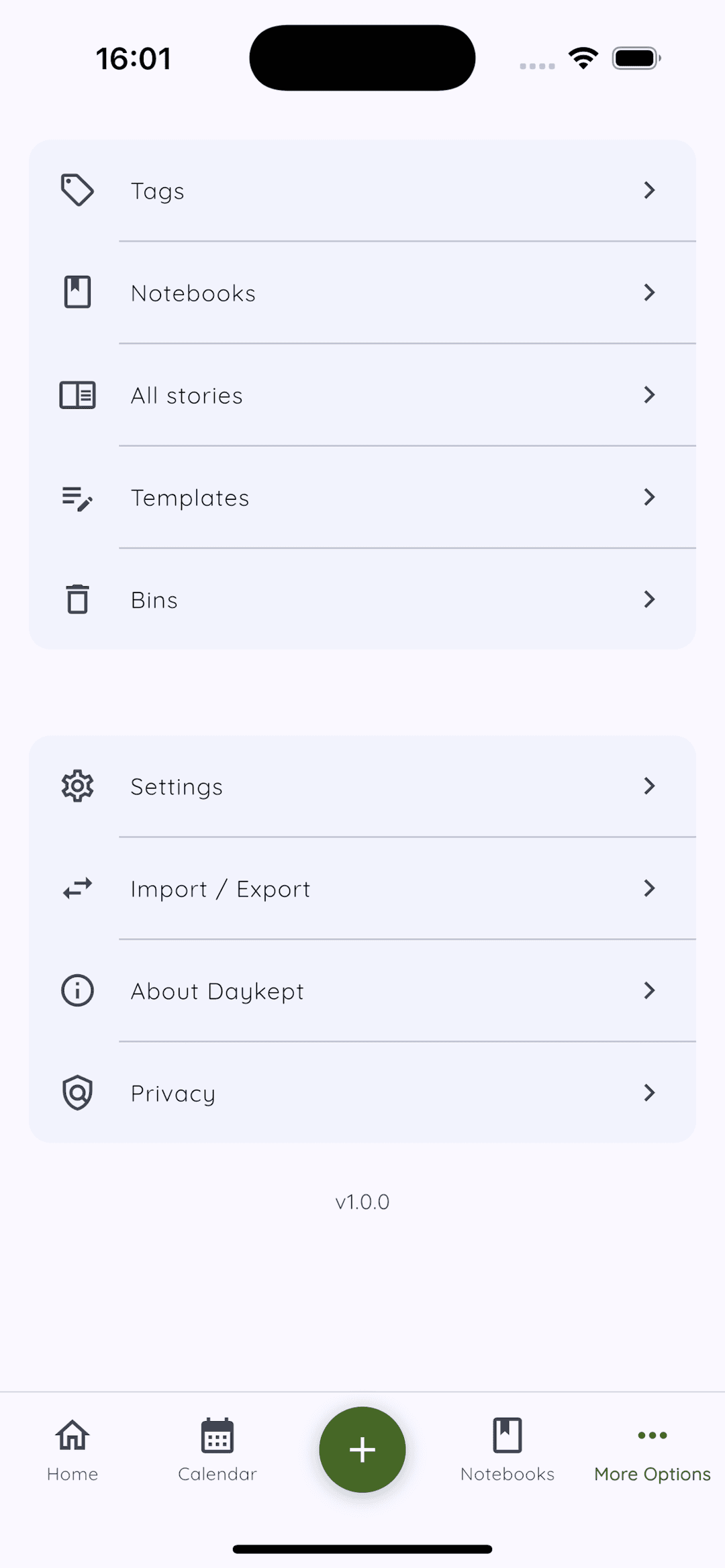 Daykept More Options menu showing Tags, Notebooks, All stories, Templates, and Bins