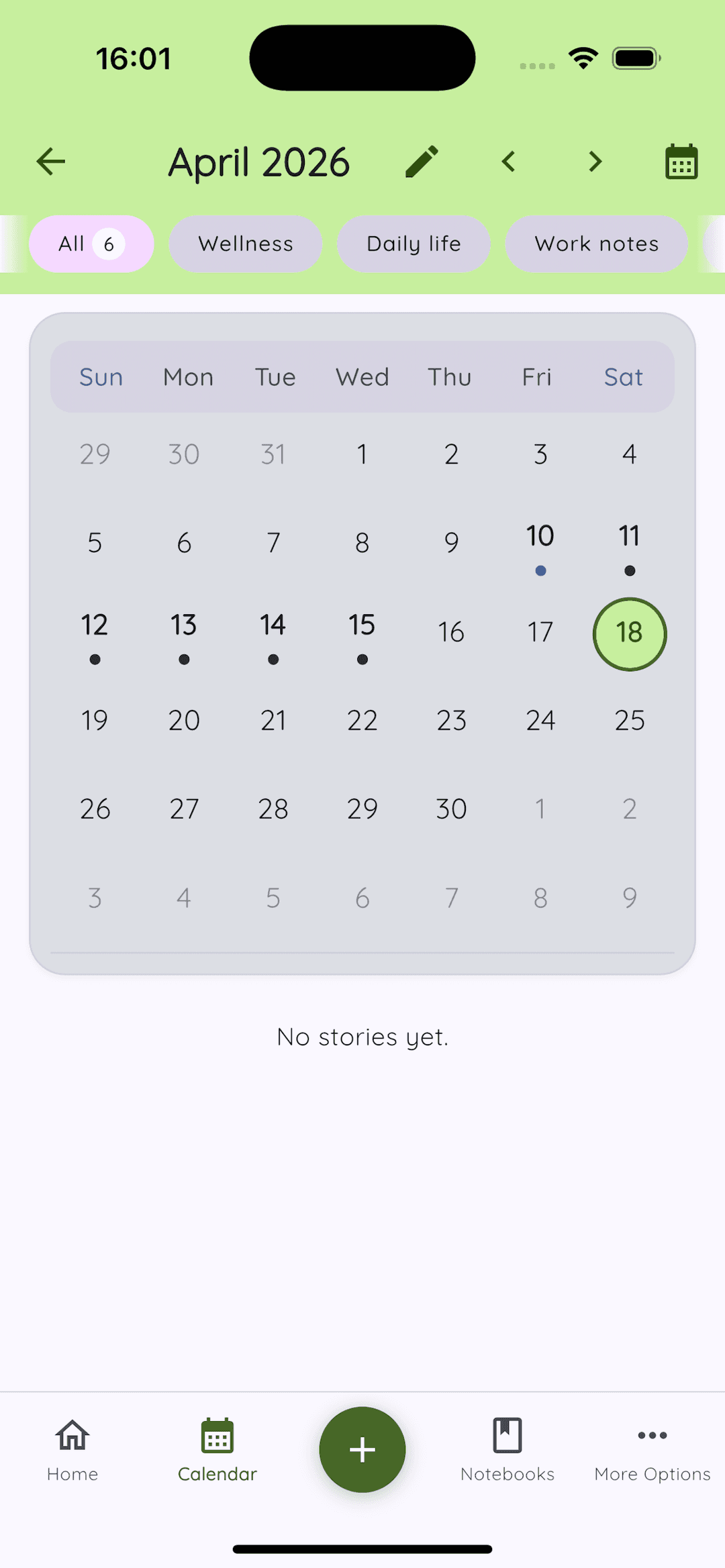 Daykept calendar view showing April 2026 with dots on active entry days