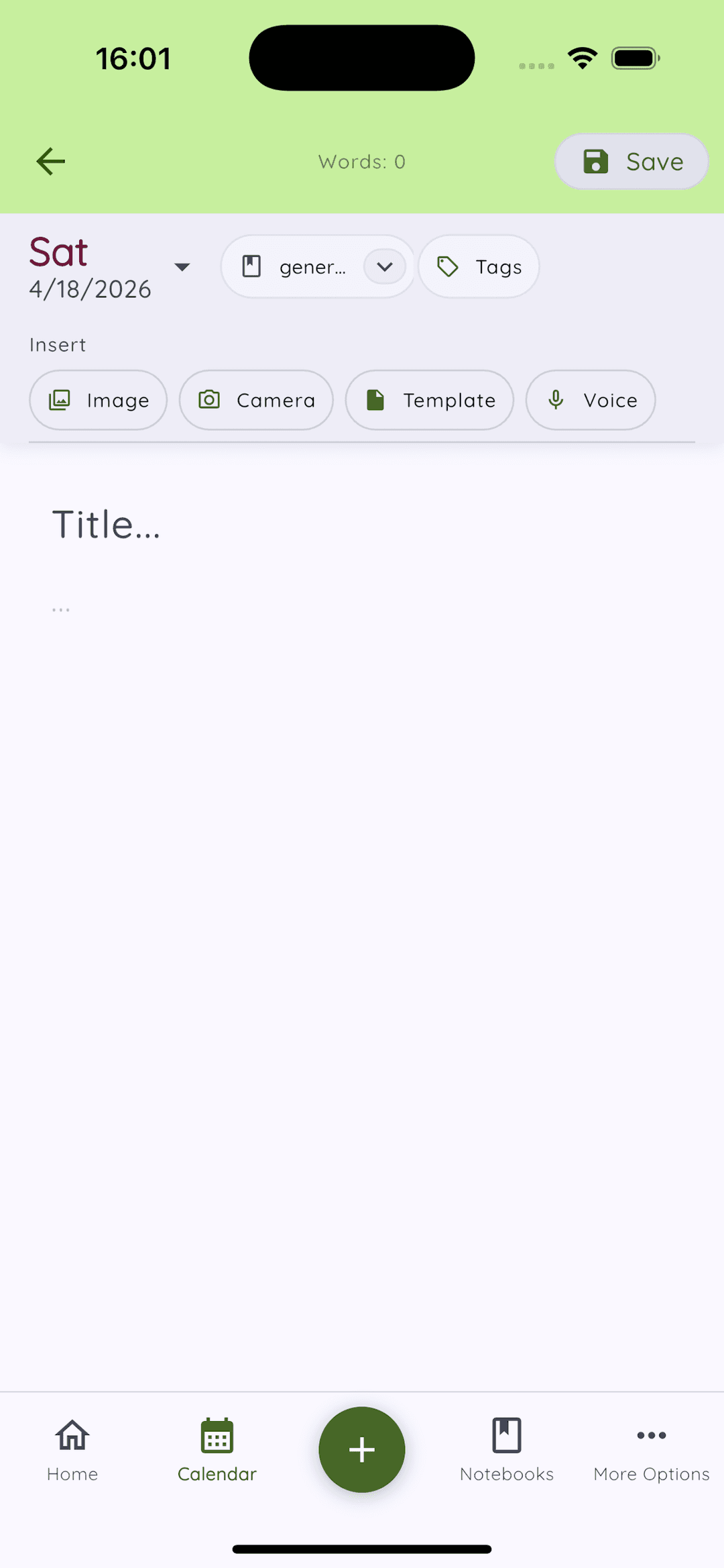 Daykept write screen with title field, notebook selector, tags, and insert toolbar