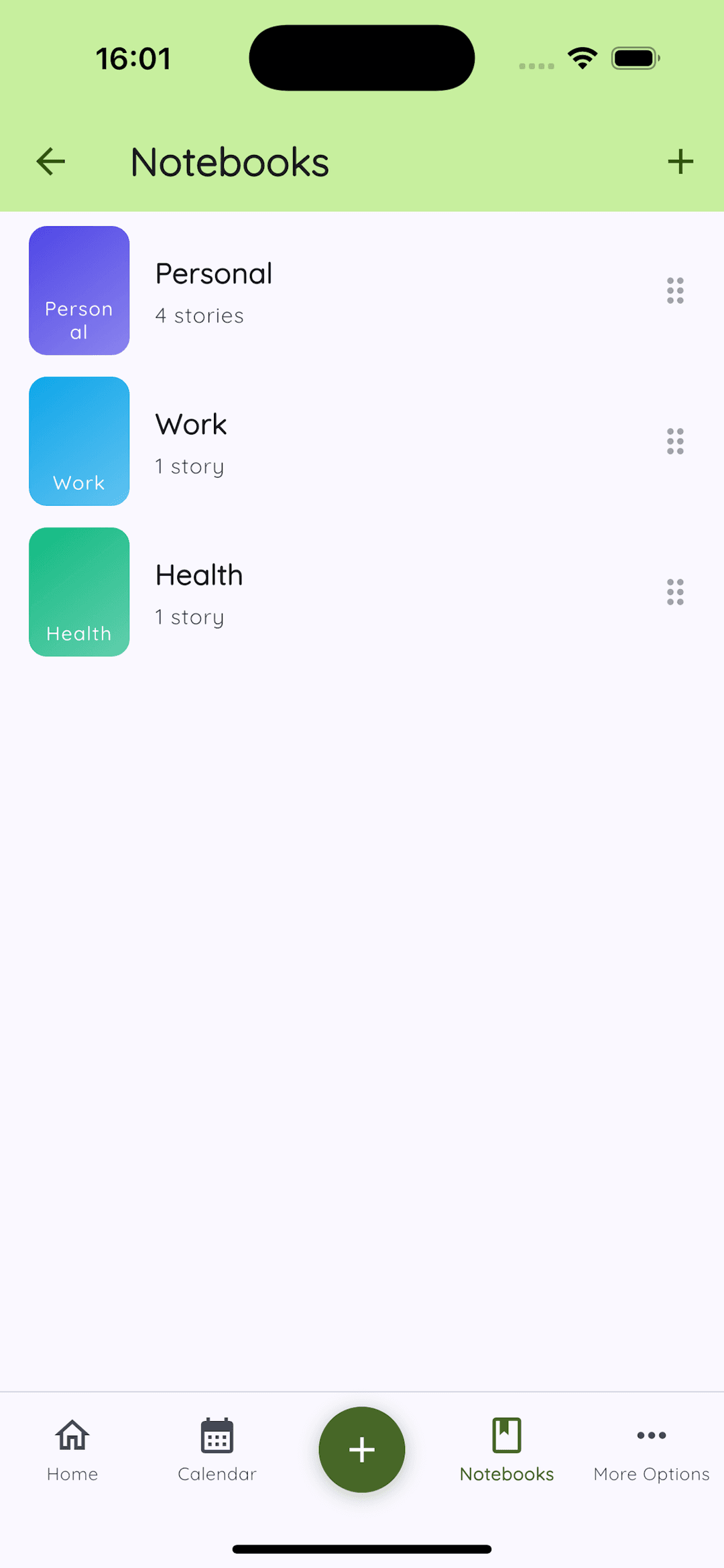 Daykept notebooks screen showing Personal, Work, and Health notebooks with colored tiles