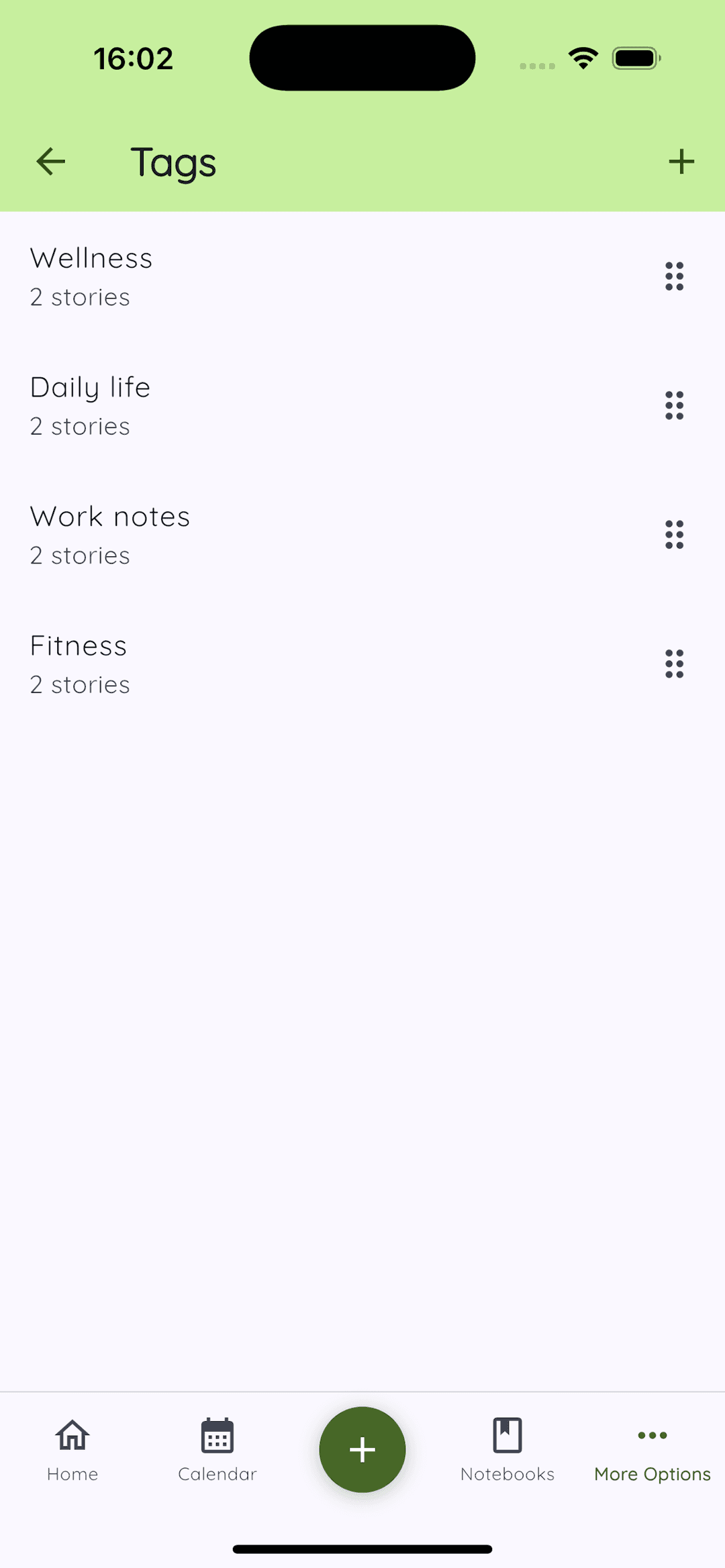 Daykept tags screen showing Wellness, Daily life, Work notes, and Fitness tags
