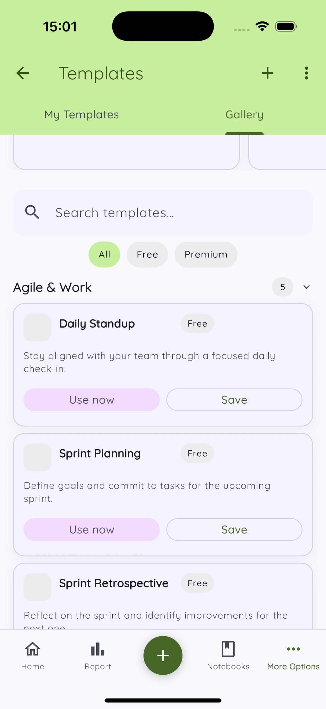 Daykept Template Gallery showing My Templates and Gallery tabs, search bar, All/Free/Premium filter, and Agile & Work templates including Daily Standup, Sprint Planning, and Sprint Retrospective