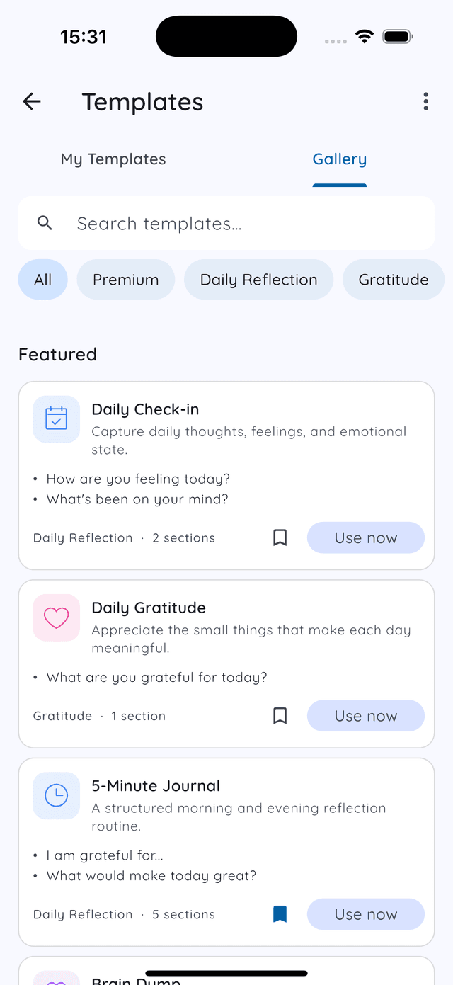 Daykept Template Gallery with search, category chips and featured templates