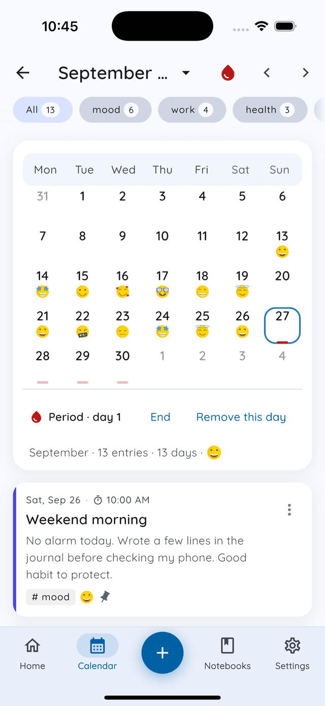 Daykept calendar with period days marked under the dates and the Period · day 1 bar