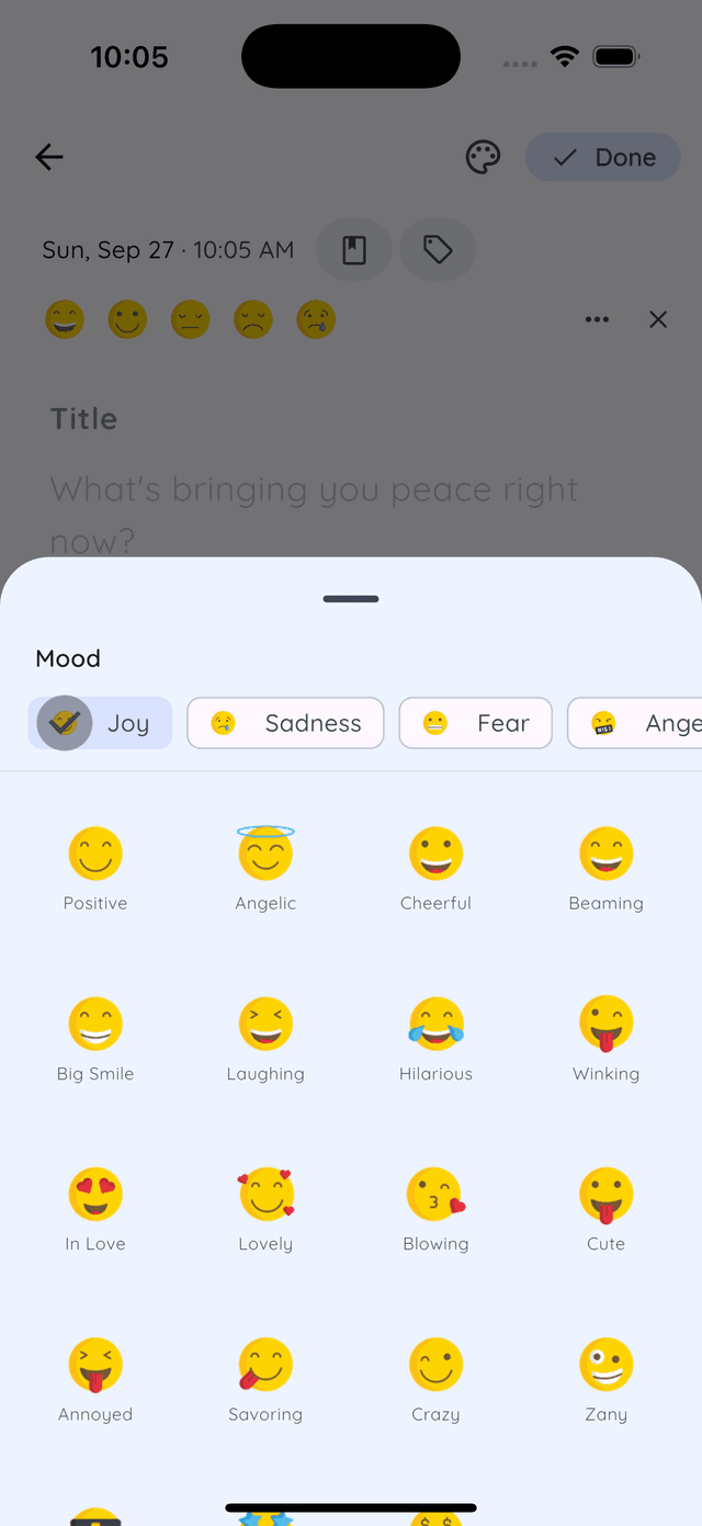 Daykept new entry with today's prompt as the placeholder and the mood picker open
