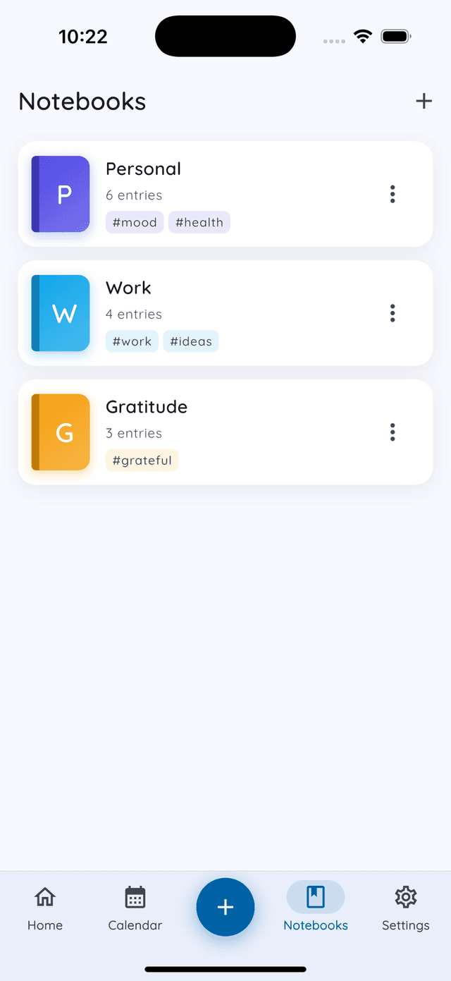 Daykept Notebooks tab with Personal, Work and Gratitude notebooks, each with its own color and tags