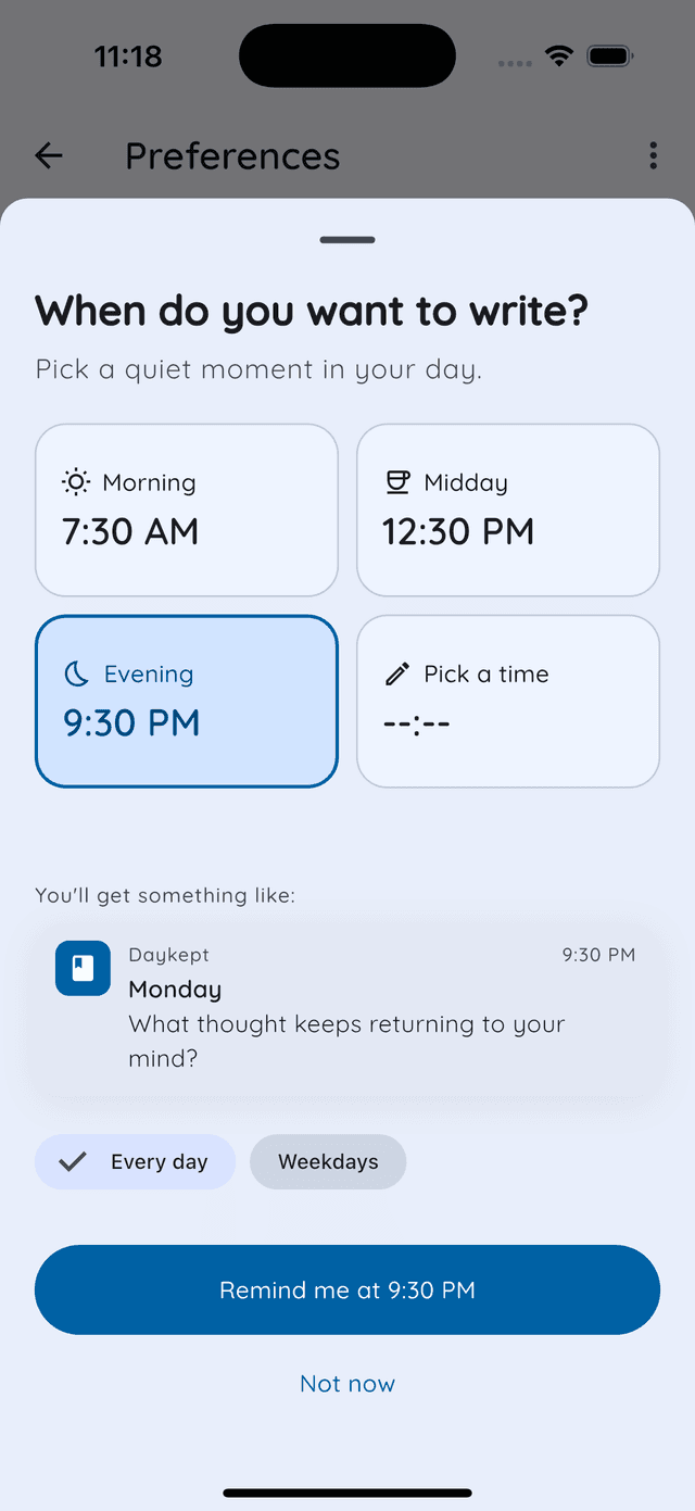 Daykept reminder picker with Morning, Midday and Evening times and a preview of the notification