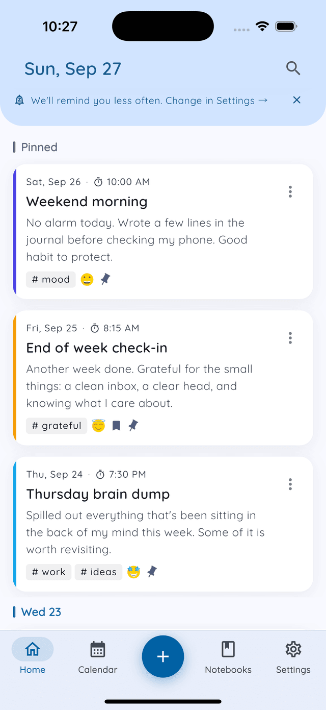 Daykept Home with three pinned entries, each showing its tags