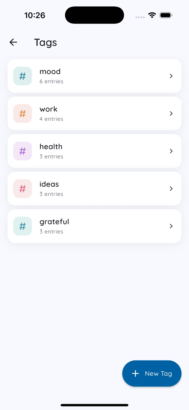 Daykept Tags screen with mood, work, health, ideas and grateful tags and their entry counts