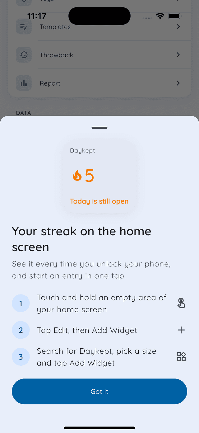 Daykept sheet showing the streak widget with Today is still open and three steps to add it to the home screen