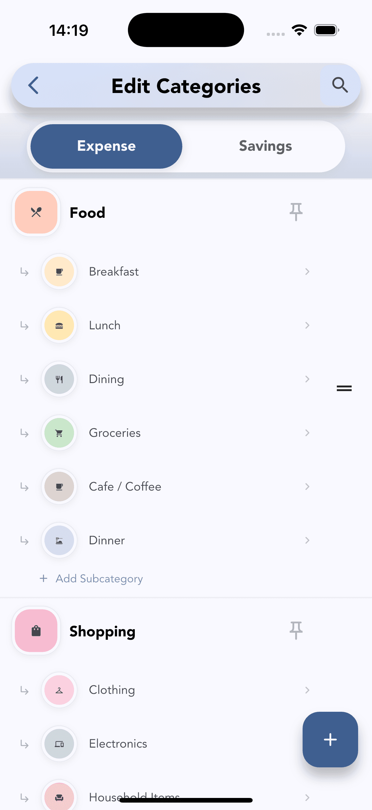 Cashvelope edit categories and subcategories