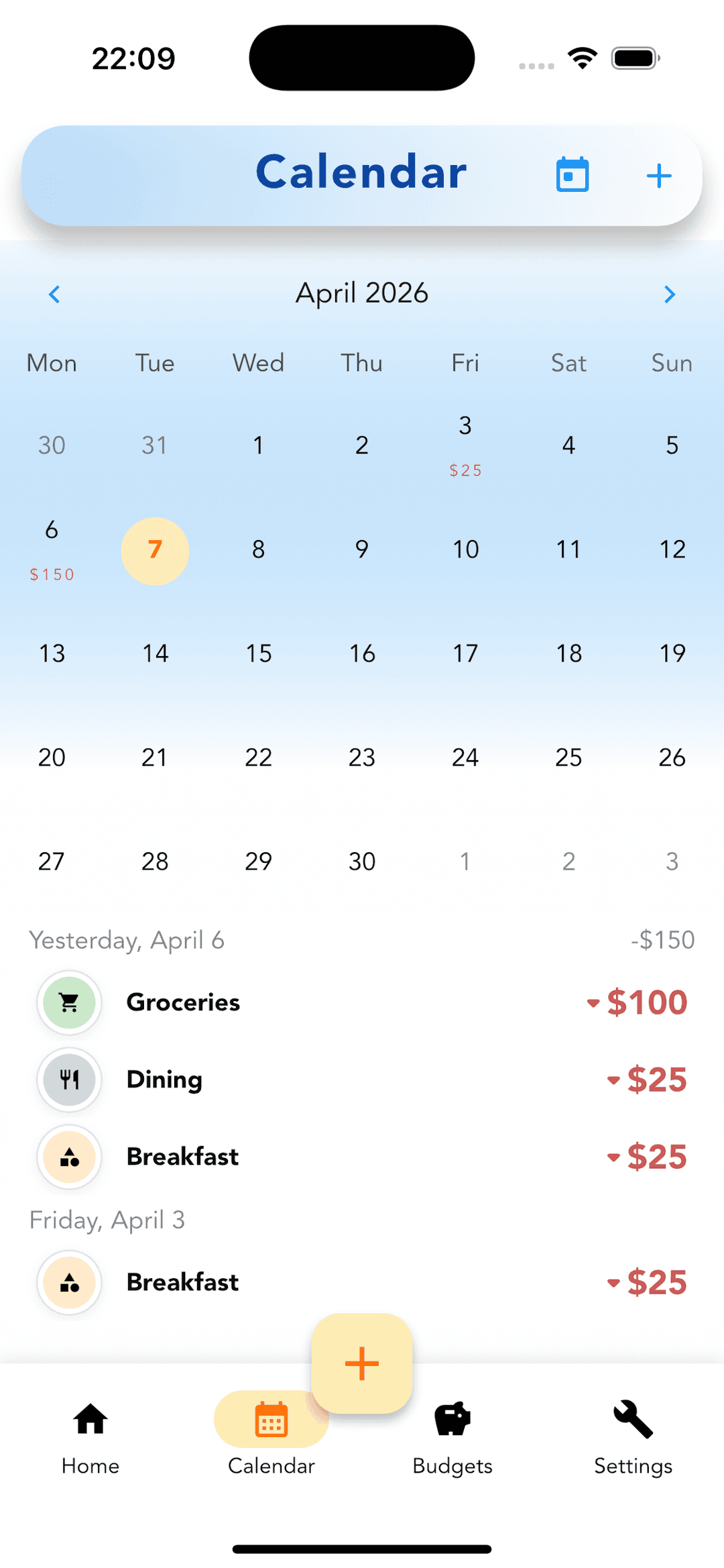 Cashvelope Calendar view for April 2026 showing spending amounts on April 3 ($25) and April 6 ($150), with transaction list below showing Groceries $100, Dining $25, Breakfast $25