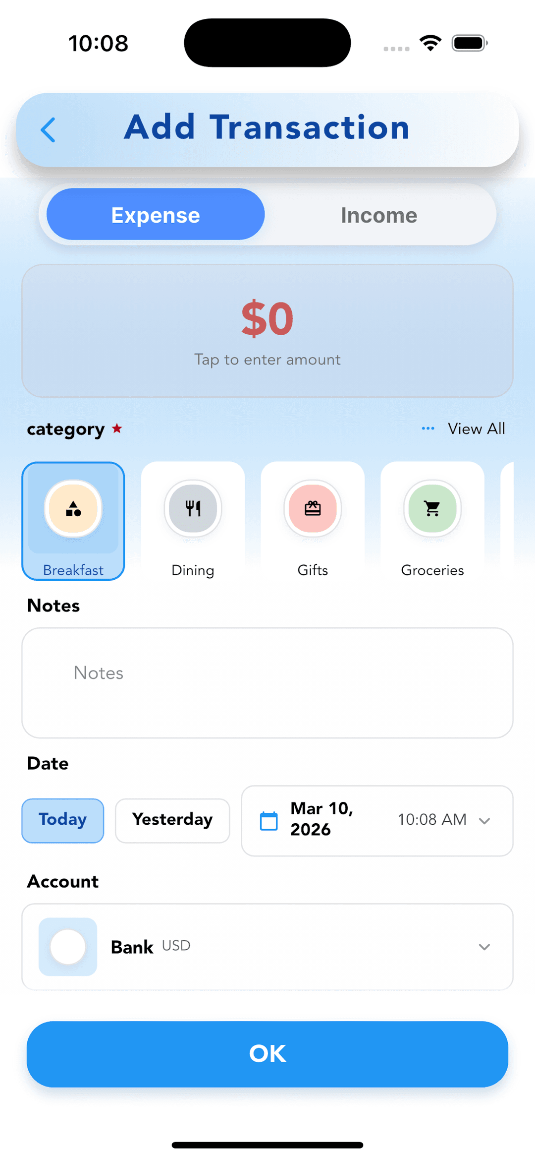 Cashvelope Add Transaction screen showing Expense/Income tabs, amount field, category picker, notes, date and account selectors
