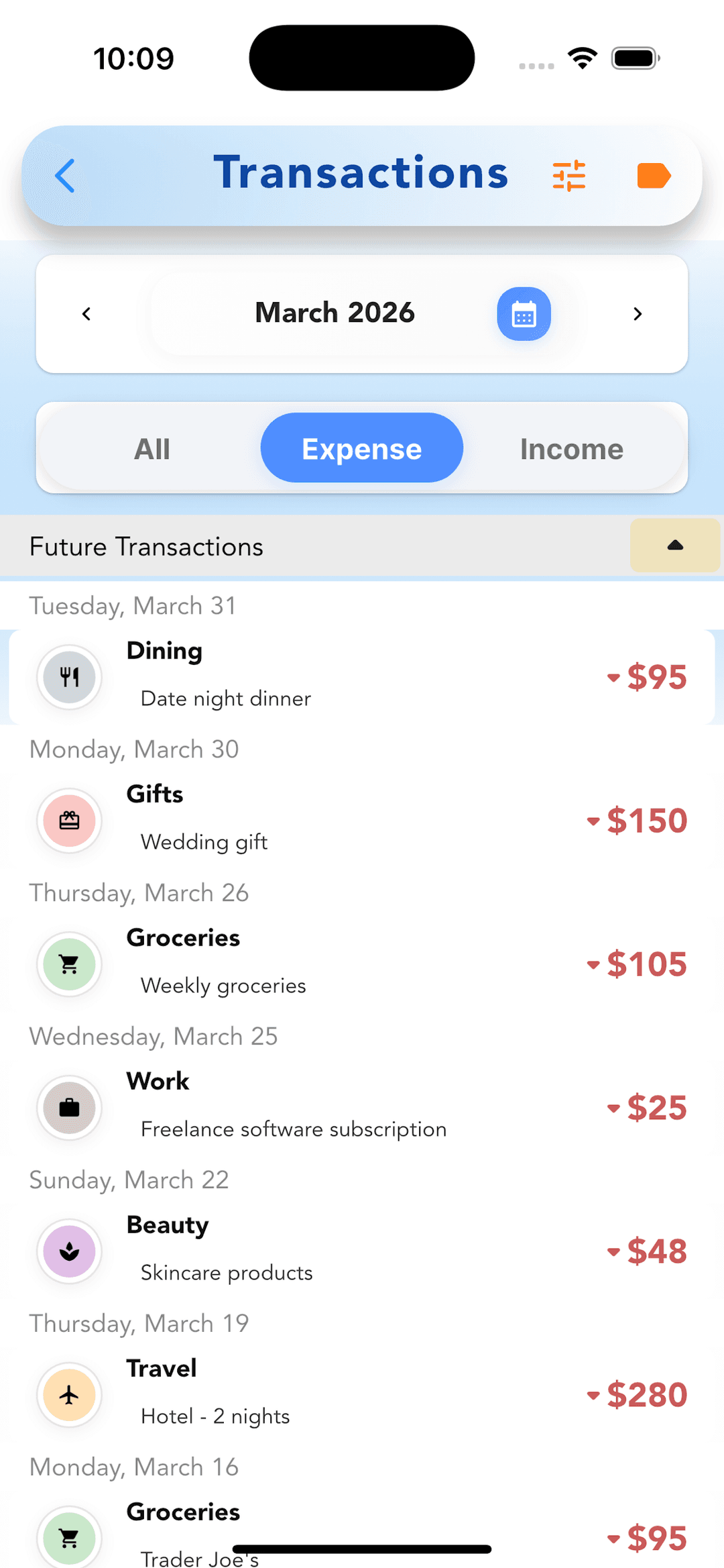 Cashvelope transaction list for March 2026 showing expenses by date: Dining, Gifts, Groceries, Work, Beauty, Travel