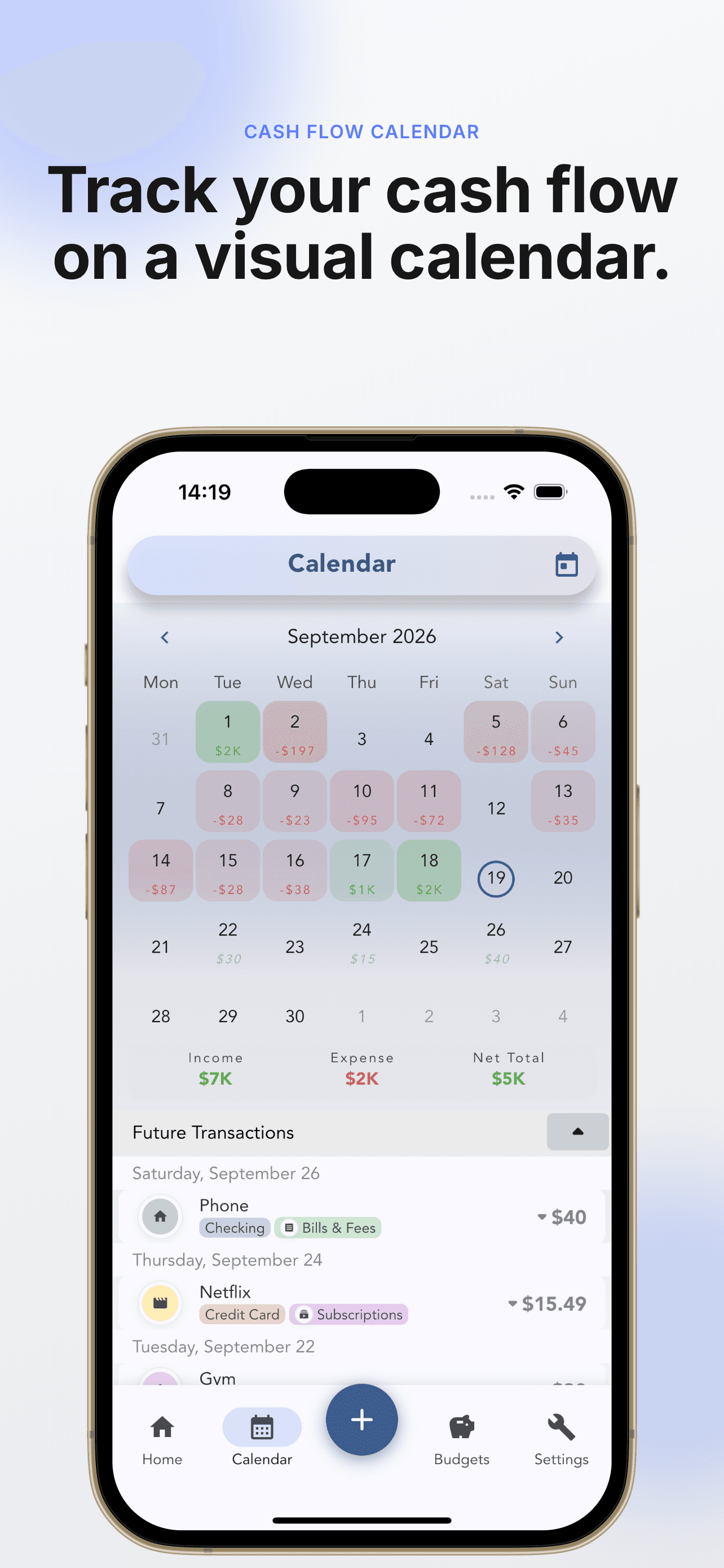 Track your cash flow on a visual calendar: spending and income by day