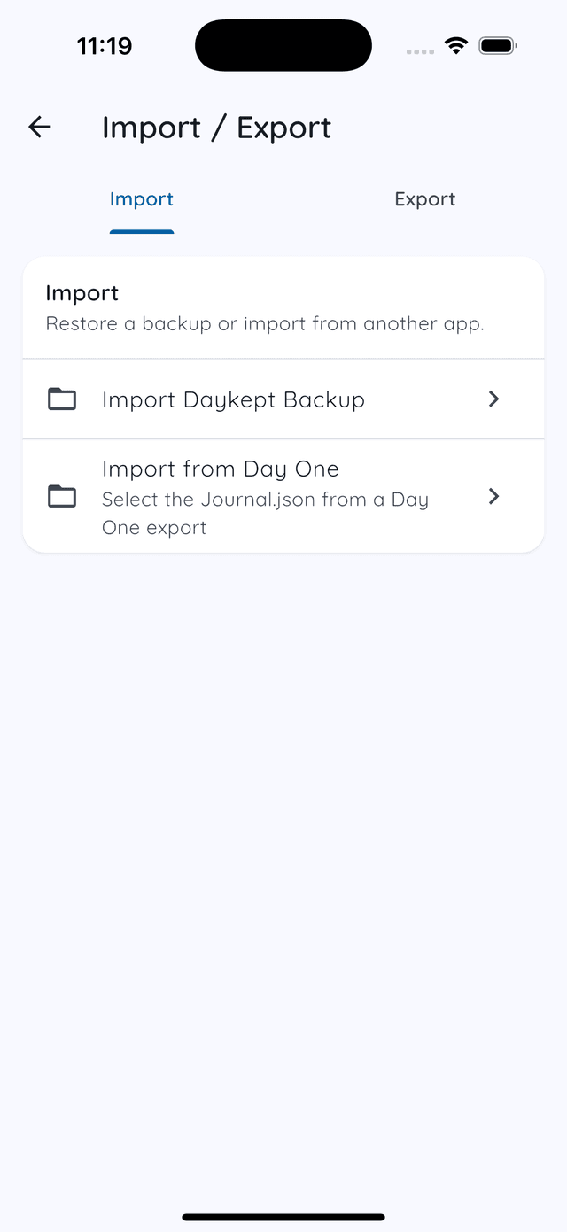 Daykept Import / Export screen with Import Daykept Backup and Import from Day One