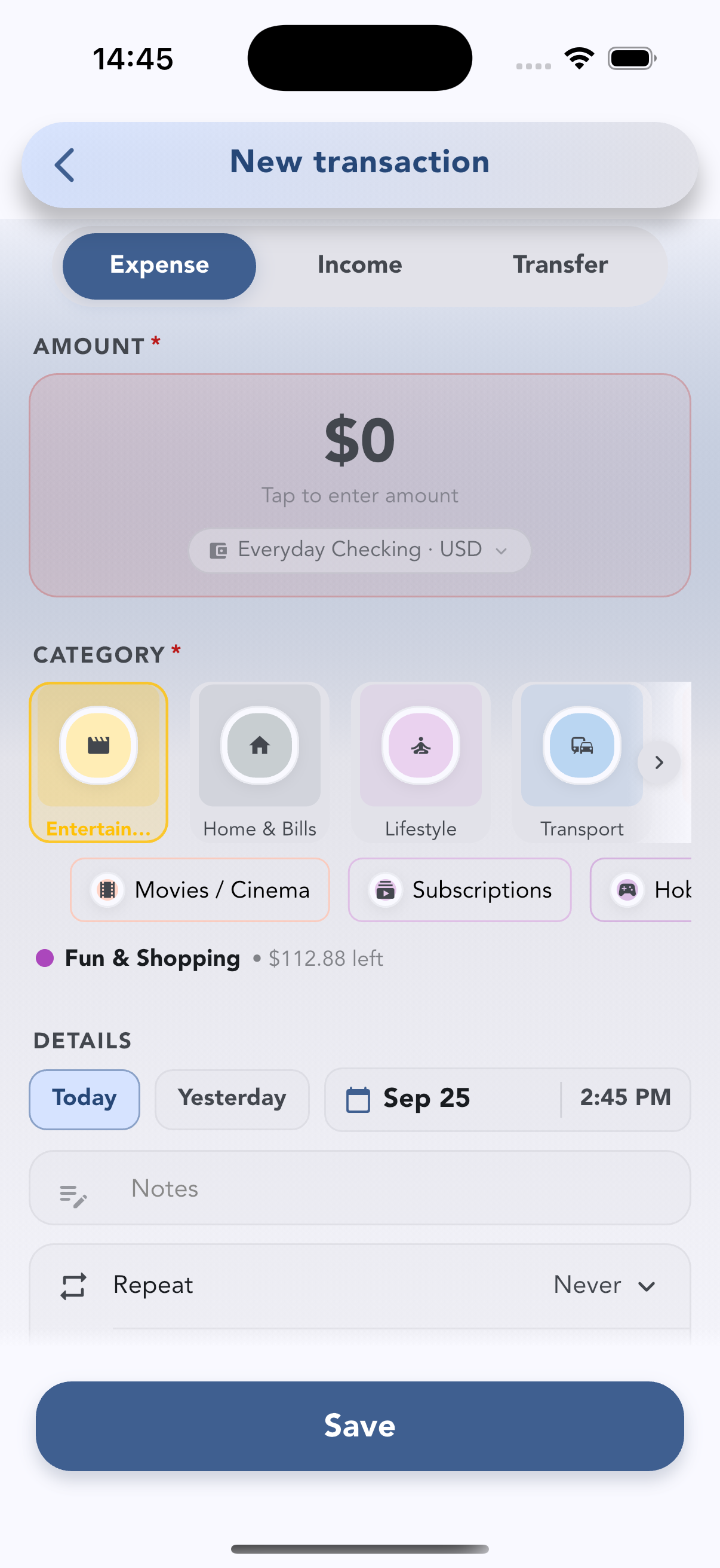 Logging a purchase in Cashvelope