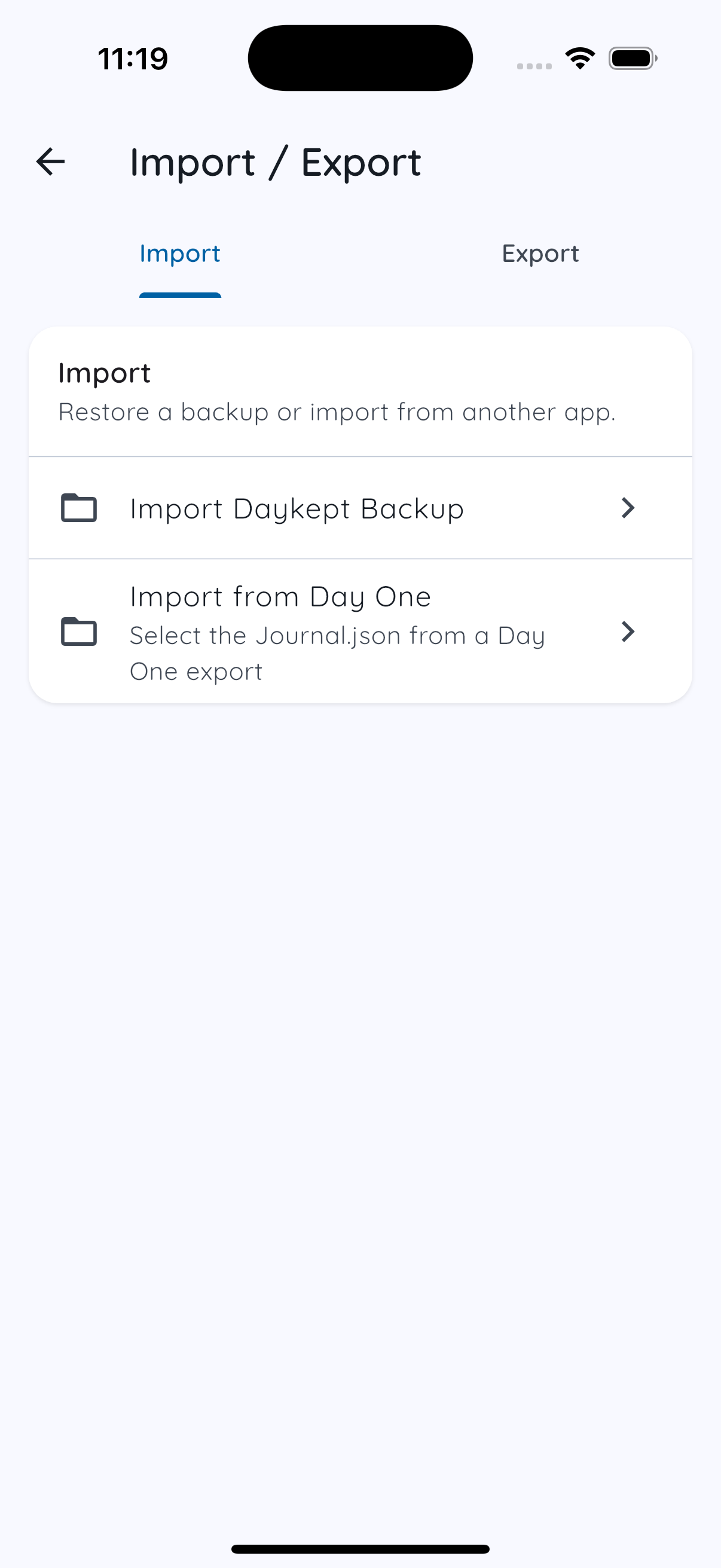 Daykept Import / Export screen with Import from Day One